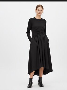 COS Black Asymmetric Gathered-Waist LS Midi Dress w/ Pockets | Size Small (NWT)